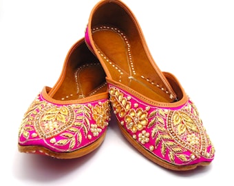 Ethnic Indian genuine leather Bridal shoes with embroidery Juti Khussa sandals flats slip on