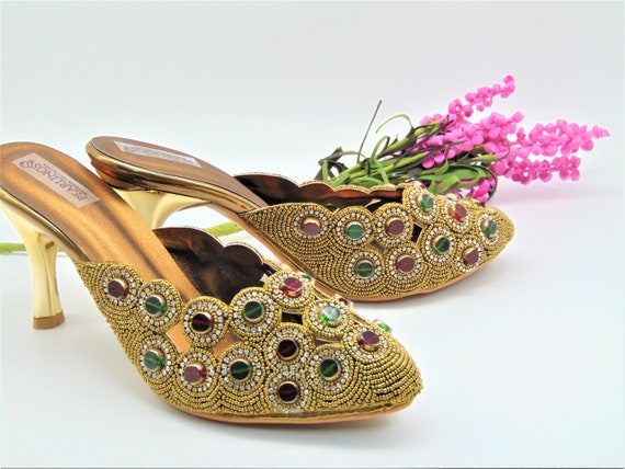 Gold evening hotsell shoes with rhinestones