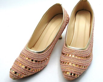 Beautiful rose gold heels with gold embroidery, rhinestones, and beads .Indian jutti, Khussa designs