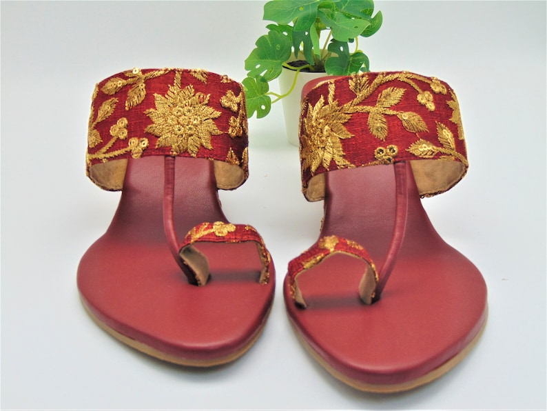 Red With Gold Floral Wedge Heel With a Floral Design on Heel - Etsy