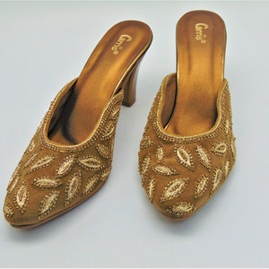 3 inch slip on bridal shoes with zardozi work on velvet with golden copper champagne blend
