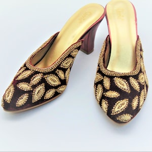 3 inch slip on bridal shoes with zardozi work on velvet maroon