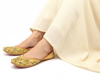 Embroidered Bridal Jutti Shoes: Gold & Pearl Indian Khussa Flats