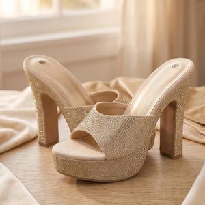 May include: A pair of champagne-colored platform mules featuring a high block heel and an open-toe design. The entire exterior surface of the shoes is covered in small, shimmering rhinestones, creating a textured, light-reflecting appearance.
