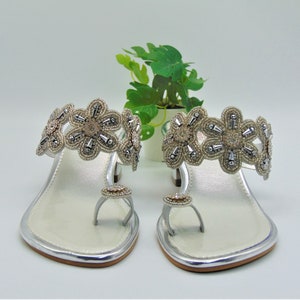 flower toe ring wedge heels with embroidered sliverish gold beads with sliver jewel beads