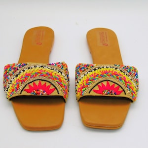 Sunset embroidered flat sandal, sandals with floral design, floral, espadrille like design sandal