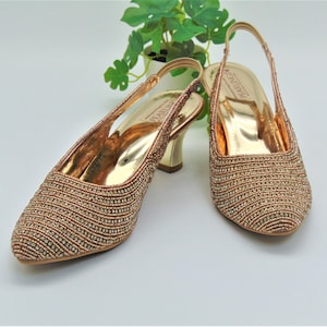 Wedding shoes with heels Bridal shoes in Rose Gold embroidered with rhinestones and beads with back strap and pointed Toe Heels
