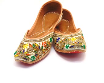 Ethnic Indian genuine leather handstitched shoes with embroidery Juti Khussa sandals flats slip on