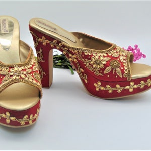 Hand embroidered  red bridal shoes with chunky heels and platform base, with gold zardozi, wedding wedges, Mules