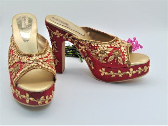 Hand Embroidered Red Bridal Shoes With Chunky Heels photo image