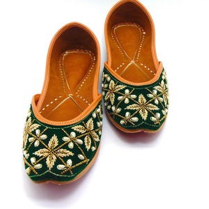 Emerald Green Velvet Jutti Shoes, Hand Embroidered Khussa Flats