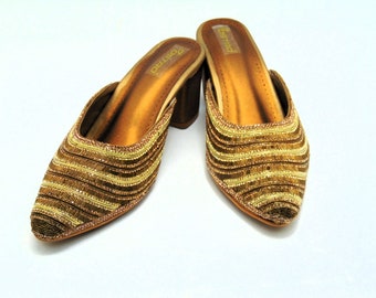 Bronze Embroidered Wedding Wedge Heels: Rhinestone Bridal Shoes