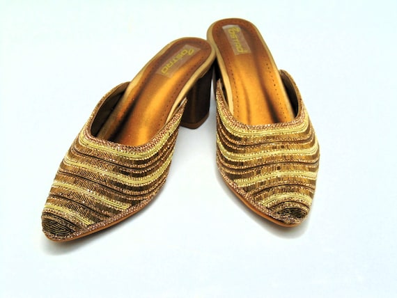 Bronze Embroidered Wedding Wedge Heels: Rhinestone Bridal Shoes