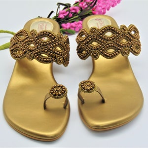 toe ring wedge heels with embroidered dark gold beads with small gold beads