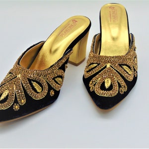 3 inch slip on bridal shoes with zardozi work on velvet navy blue