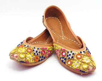 Ethnic Indian genuine leather handstitched shoes with embroidery Jutti Khussa sandals flats slip on
