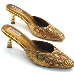 Bridal wedding shoes with heels in Bronze gold embroidery with rhinestones and beads and pointed toe Heels