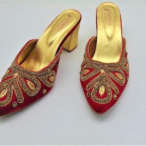 3 inch slip on bridal shoes with zardozi work on red velvet