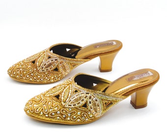 Embroidered Gold Bridal Heels: Rhinestone Beaded Wedding Shoes
