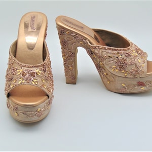 Hand Embroidered Bridal Mules: Rose Gold Wedding Platform Wedges