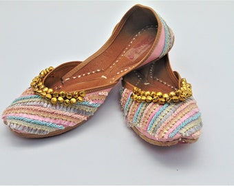 Embroidered Leather Juti Shoes: Indian Ghungru Flats, Bridal Khussa Sandals