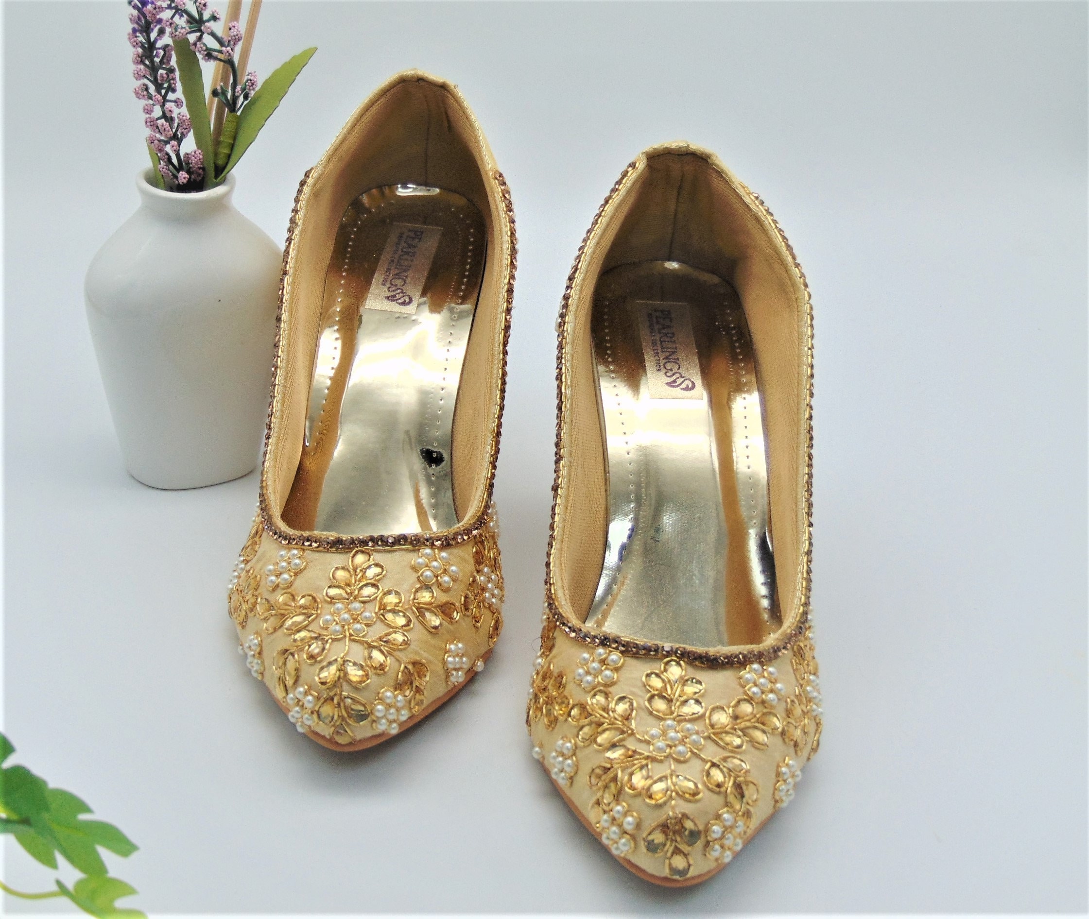 Hand Embroidered Bridal Shoes: Cream Silk Wedges with Pearls