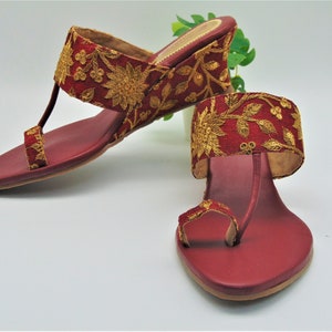 Red With Gold Floral Wedge Heel With a Floral Design on Heel - Etsy