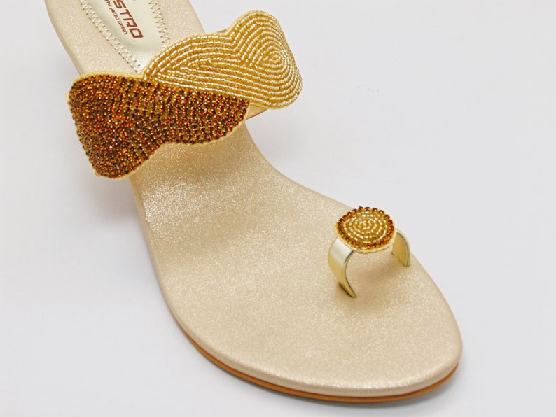 Ethnic Indian Gold 2 Inch Heel Block Slip-on Sandal - Etsy