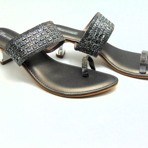 Antique Silver Wedge Heels: Crystal Rhinestone Toe Ring Sandals