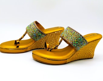 Golden Indian synthetic leather shoes with embroidery sandals, Wedges, Mules Platform high heels