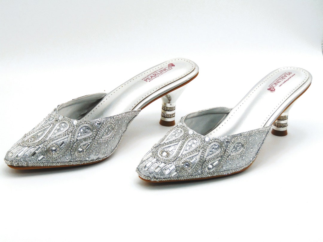 Bridal Wedding Shoes With Heels in Silver Embroidery With - Etsy