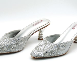 Bridal Wedding shoes with heels in silver embroidery with rhinestones, beads and pointed toe Heels