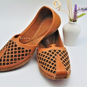 May include: A pair of brown leather shoes with a diamond-shaped cut-out pattern. The shoes have a pointed toe and a flat sole.
