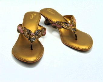 Indian made wedge in bronze (Dark gold), embroidered with a variety of beads and gold threads. Espadrilles, Sandals with small heels