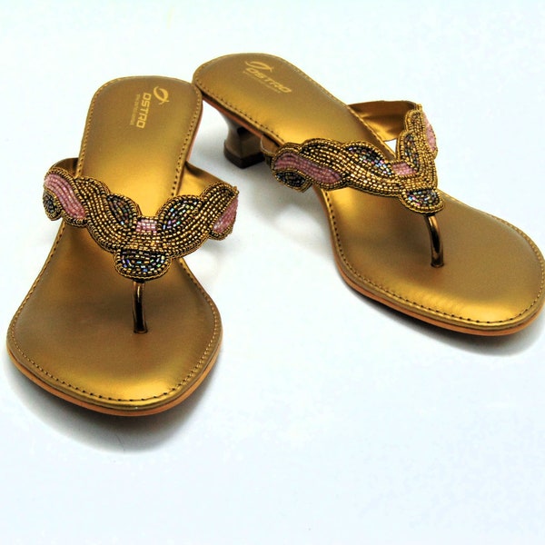 Indian made wedge in bronze (Dark gold), embroidered with a variety of beads and gold threads. Espadrilles, Sandals with small heels