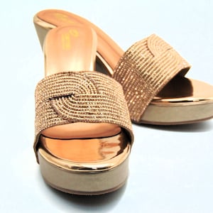 Rose Gold Rhinestone Wedding Shoes: Chunky Heel Platform Sandals