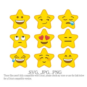 Kolekcja emotikonów SVG gwiazd - Kliparty wektorowe z kreskówkami gwiazd - Pakiet emotikonów twarzy gwiazd - Pliki emotikonów SVG - Emoji z uczuciami gwiazd - Wektor emotikonów