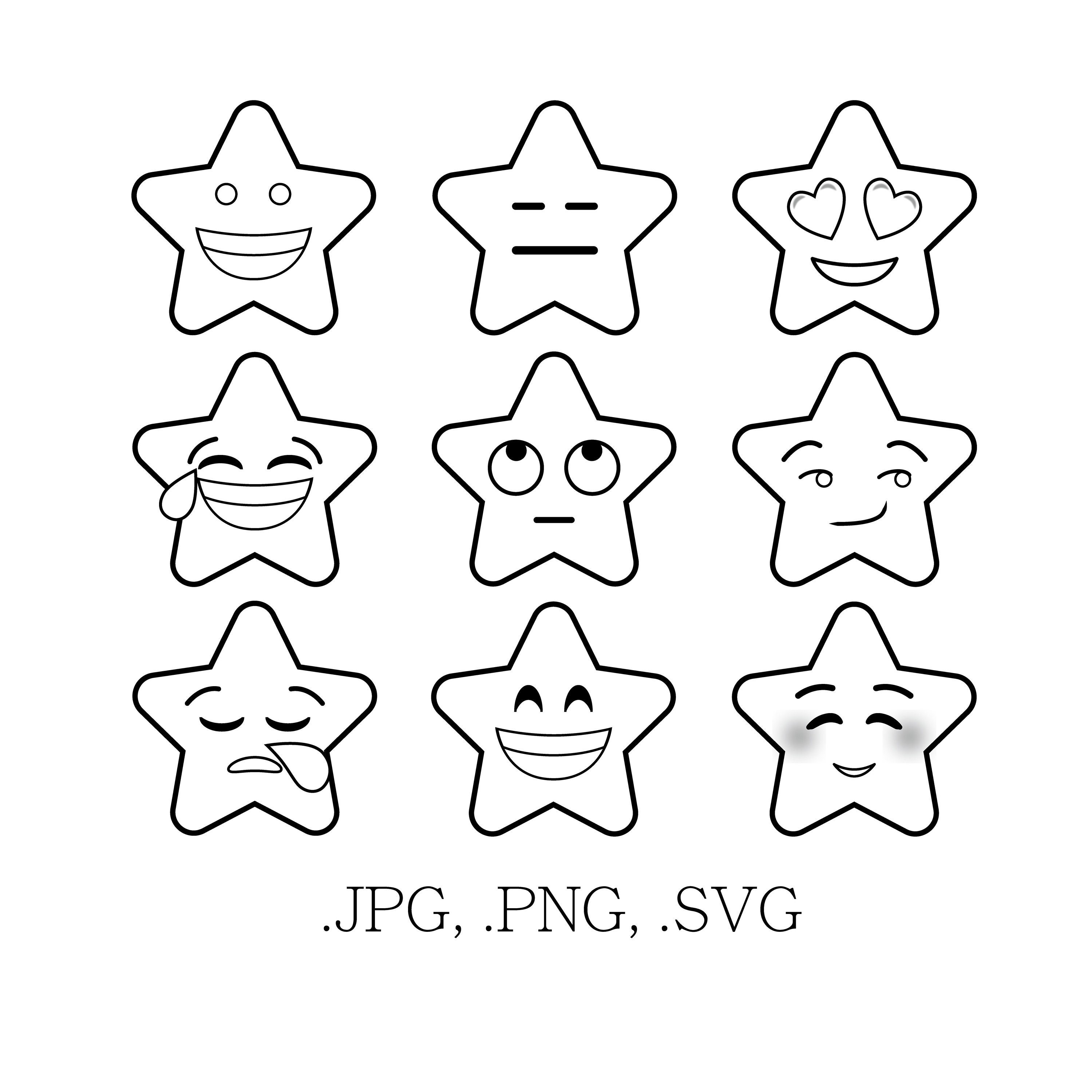 B&W Star Emoji Bundle  - Drawing and coloring practice for kid - Coloring and Painting for childrem - Emoji SVG Collection - Emoji Clipart