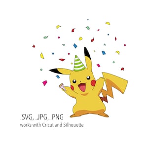 Pikachuw/party-popper Svg, Png Jpg bestanden. cartoon anime Poke mon Verjaardagsfeest vector clipart voor T-shirt, stickers. werkt w / Cricut