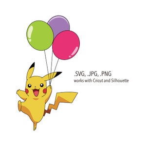 Pikachuw/ballonnen Svg, Png Jpg bestanden. cartoon anime Poke mon Verjaardagsfeest vector clipart voor T-shirt, stickers. werkt w / Cricut