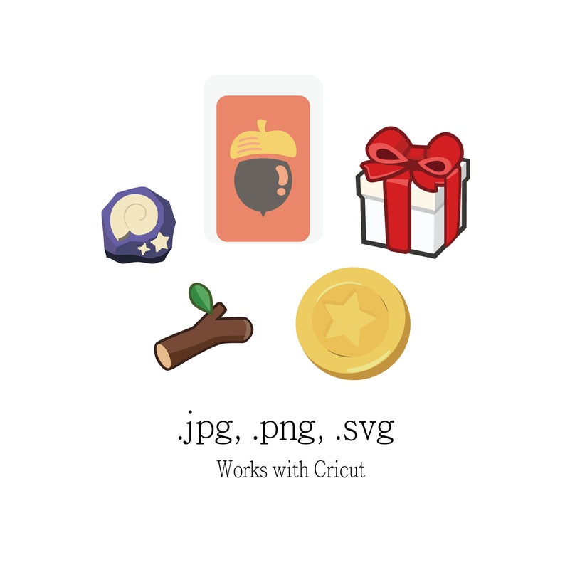 May include: Five colorful digital clipart images: a purple seashell with white stars, a brown twig with a green leaf, a yellow coin with a star, a red gift box with a white bow, and a red card with a brown acorn.