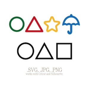 Diseño de símbolos de Squid Game, Squid Game Svg, paquete de imágenes prediseñadas PNG Jpg, tarjeta de presentación, paraguas, triángulo cuadrado redondo, funciona con Cricut