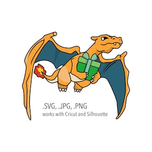 Charizard/regalo presente Svg, archivos Png Jpg. cartoon anime Poke mon Fiesta de cumpleaños vector clipart para camiseta, pegatinas. funciona con Cricut