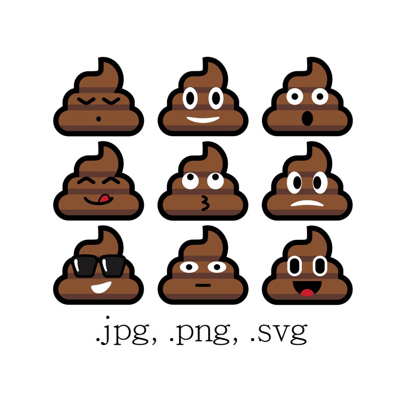 May include: Nine brown poop emojis with different facial expressions, including sunglasses, smiling, surprised, and frowning.