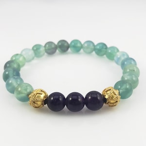 Amethyst and Fluorite Beaded Bracelet, Gemstone bracelet, Gold beads bracelet