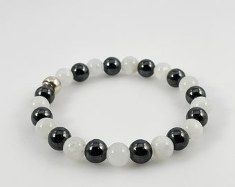 Moonstone and Hematite Beaded Bracelet, Gemstone Bracelet, Moonstone jewelry
