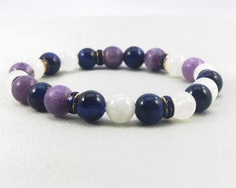 Pulsera de cuentas de cristal de piedra preciosa, pulsera azul y blanca, piedra lunar y pulsera de ojo de tigre azul