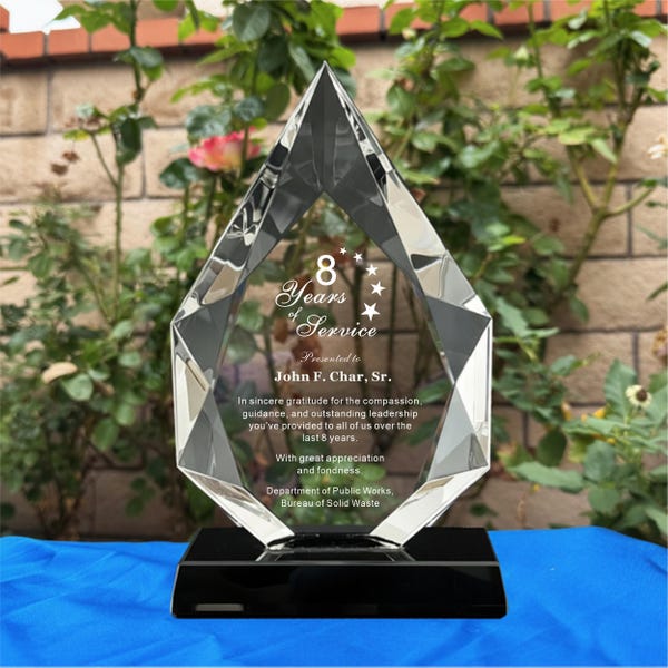 Personalized Long Service Crystal Award, Laser Engraved Glass Trophy
