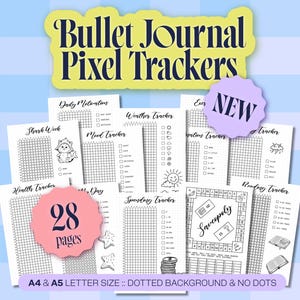 May include: A collection of printable bullet journal pixel trackers. The pages include trackers for daily motivation, mood, weather, and more. The design is black and white with a grid background. The text "Bullet Journal Pixel Trackers" is at the top.