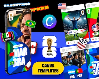 WORLD CUP 2026 Canva Mega Pack Graphic Set Football Match Schedule Instagram Templates Flags Scoreboard Commercial License Social Media Kit